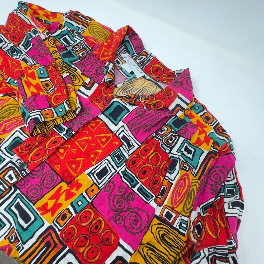 A PERSONAL TOUCH 90s Women’s Plus 1X Rayon Vibrant Aztec Button Blouse Flaw USA